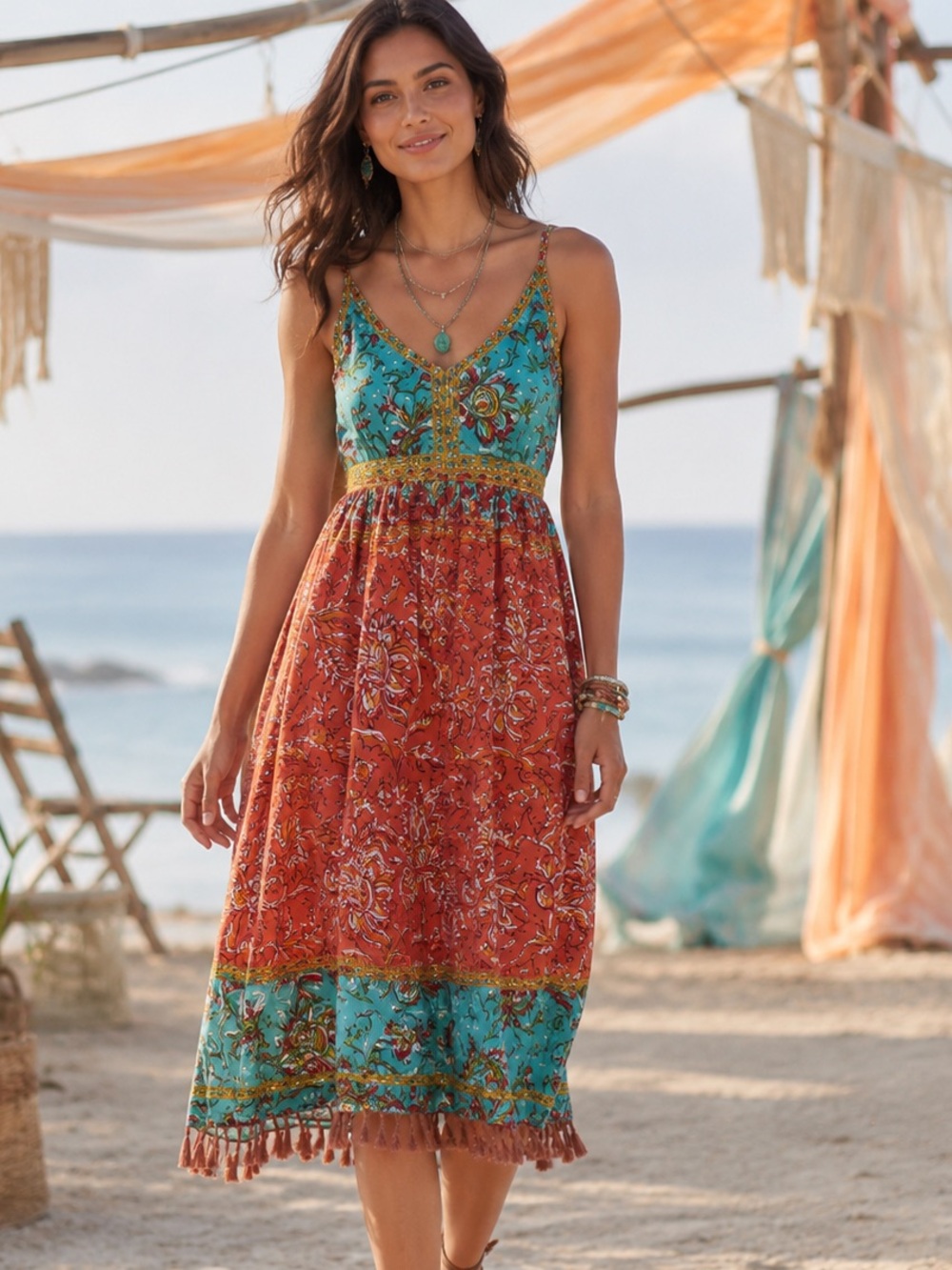 Sundance Turquoise & Rust Floral Midi Dress